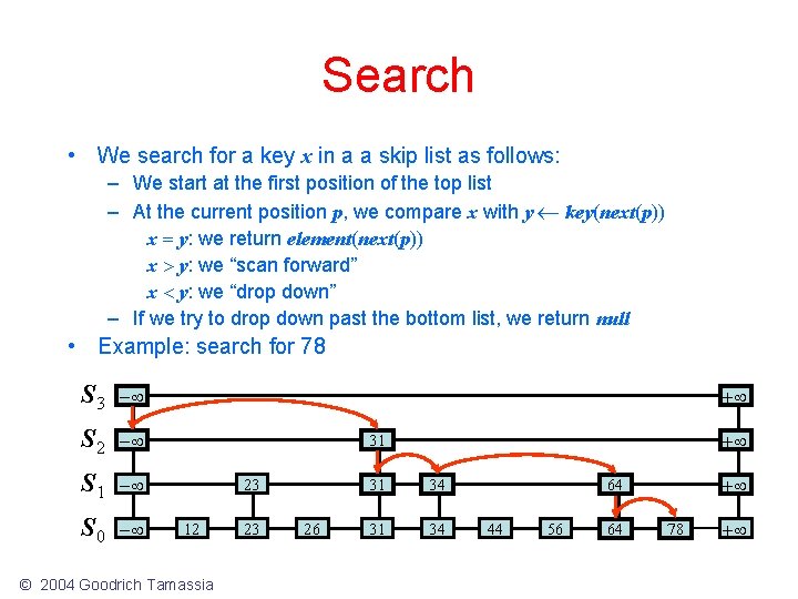 Search • We search for a key x in a a skip list as