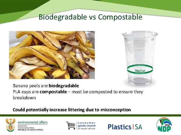 Biodegradable vs Compostable Banana peels are biodegradable PLA cups are compostable – must be