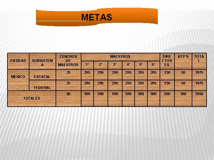 METAS ENTIDAD SUBSISTEM A MEXICO ESTATAL CENTROS DE MAESTROS ATP´S 6° DIRE CTOR ES