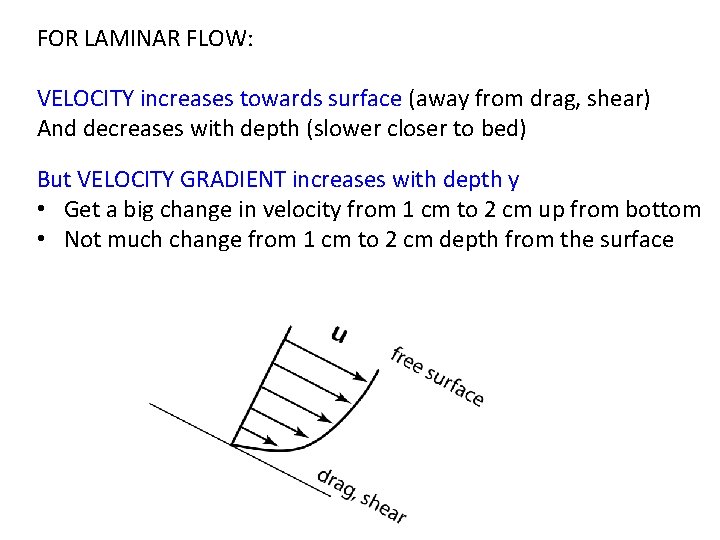 FOR LAMINAR FLOW: VELOCITY increases towards surface (away from drag, shear) And decreases with