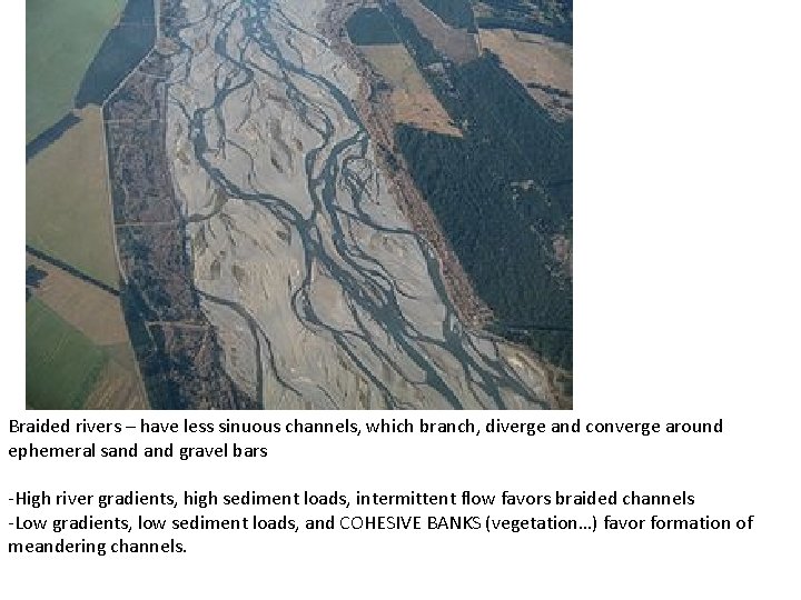 Braided rivers – have less sinuous channels, which branch, diverge and converge around ephemeral