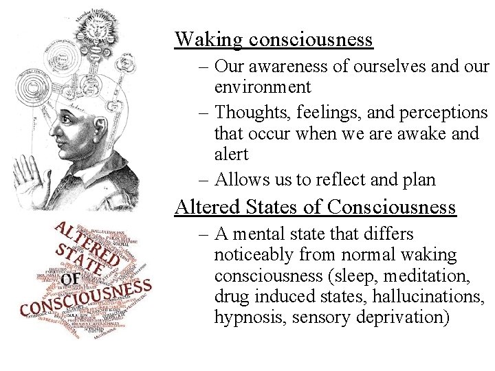 Waking consciousness – Our awareness of ourselves and our environment – Thoughts, feelings, and