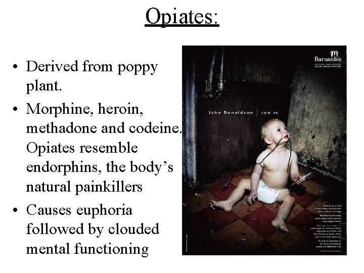 Opiates: • Derived from poppy plant. • Morphine, heroin, methadone and codeine. Opiates resemble