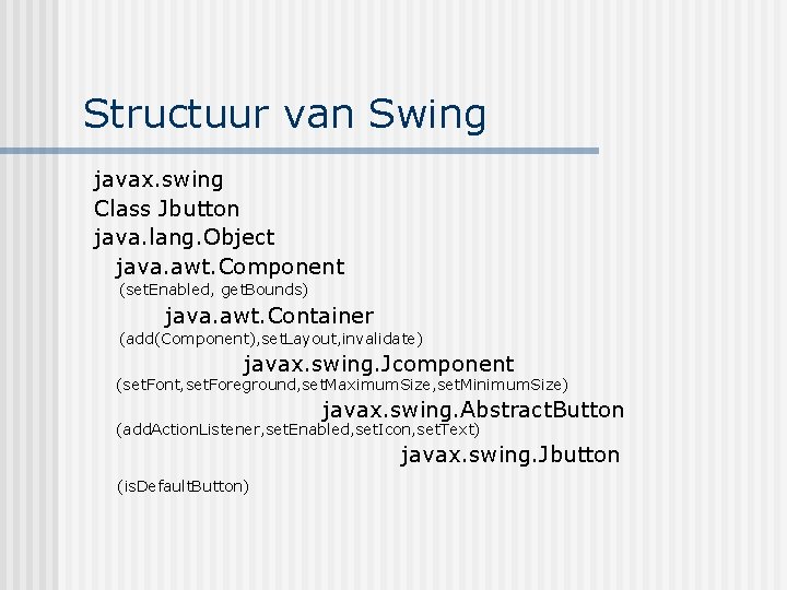 Structuur van Swing javax. swing Class Jbutton java. lang. Object java. awt. Component (set.
