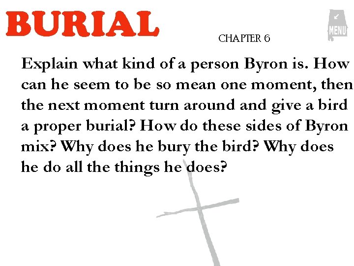 BURIAL CHAPTER 6 Explain what kind of a person Byron is. How can he BURIAL CHAPTER 6 Explain what kind of a person Byron is. How can he