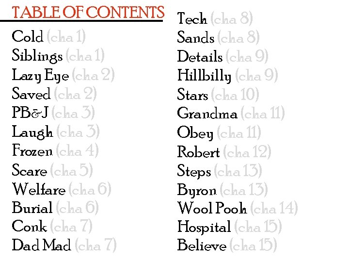 TABLE OF CONTENTS Cold (cha 1) Siblings (cha 1) Lazy Eye (cha 2) Saved TABLE OF CONTENTS Cold (cha 1) Siblings (cha 1) Lazy Eye (cha 2) Saved