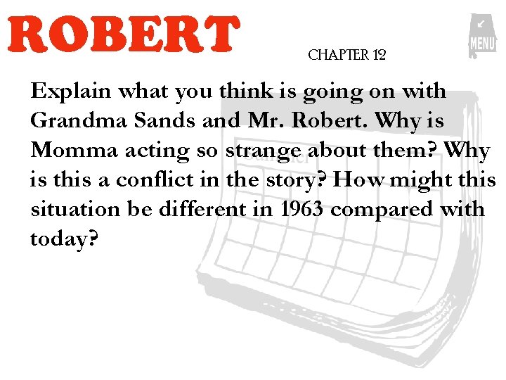 ROBERT CHAPTER 12 Explain what you think is going on with Grandma Sands and ROBERT CHAPTER 12 Explain what you think is going on with Grandma Sands and