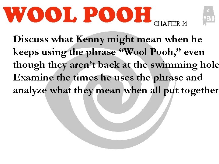 WOOL POOH CHAPTER 14 Discuss what Kenny might mean when he keeps using the WOOL POOH CHAPTER 14 Discuss what Kenny might mean when he keeps using the