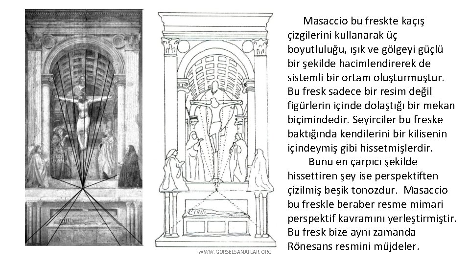 WWW. GORSELSANATLAR. ORG Masaccio bu freskte kaçış çizgilerini kullanarak üç boyutluluğu, ışık ve gölgeyi