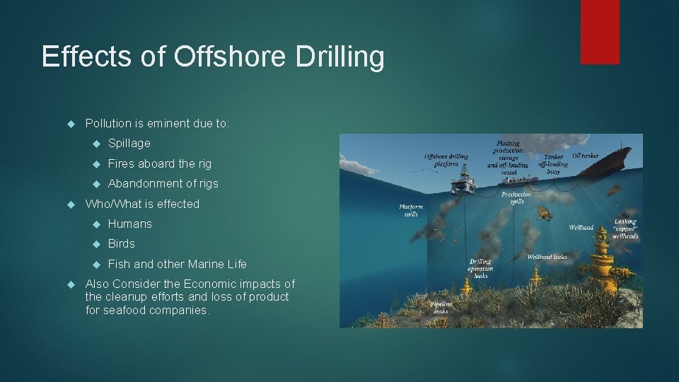 Effects of Offshore Drilling Pollution is eminent due to: Spillage Fires aboard the rig