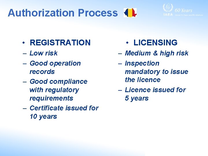 Authorization Process • REGISTRATION – Low risk – Good operation records – Good compliance