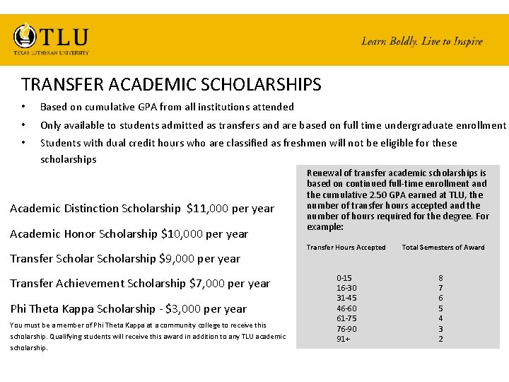 TRANSFER ACADEMIC SCHOLARSHIPS • Based on cumulative GPA from all institutions attended • Only