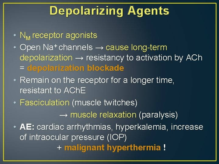Depolarizing Agents • NM receptor agonists • Open Na+ channels → cause long-term depolarization