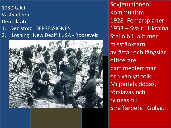 1930 -talet Västvärlden Demokrati 1. Den stora DEPRESSIONEN 2. Lösning ”New Deal” i USA