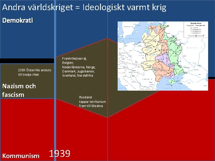 Andra världskriget = Ideologiskt varmt krig Demokrati 1939 Österrike ansluts till tredje riket Frankrike(norra),