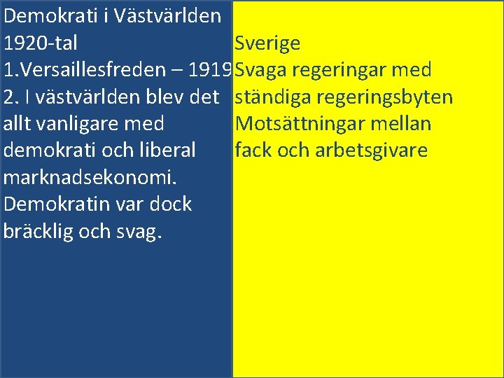 Demokrati i Västvärlden Sverige 1920 -tal 1. Versaillesfreden – 1919 Svaga regeringar med 2.