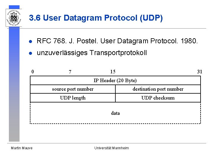 3. 6 User Datagram Protocol (UDP) l RFC 768. J. Postel. User Datagram Protocol.