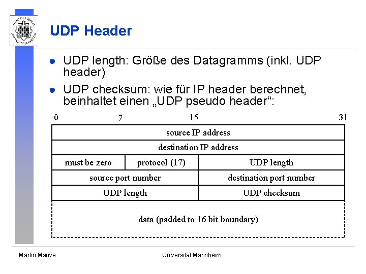 UDP Header l l UDP length: Größe des Datagramms (inkl. UDP header) UDP checksum: