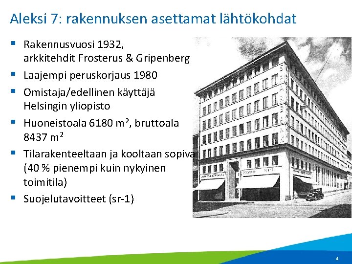 Aleksi 7: rakennuksen asettamat lähtökohdat § Rakennusvuosi 1932, § § § arkkitehdit Frosterus &