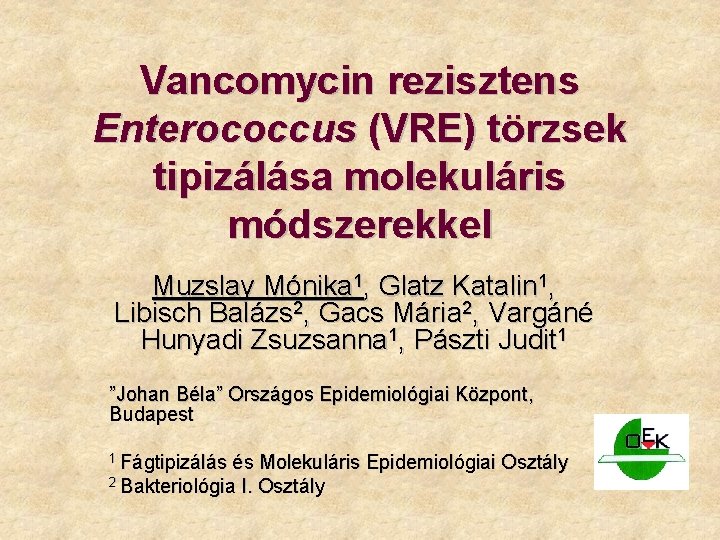 Vancomycin rezisztens Enterococcus (VRE) törzsek tipizálása molekuláris módszerekkel Muzslay Mónika 1, Glatz Katalin 1,