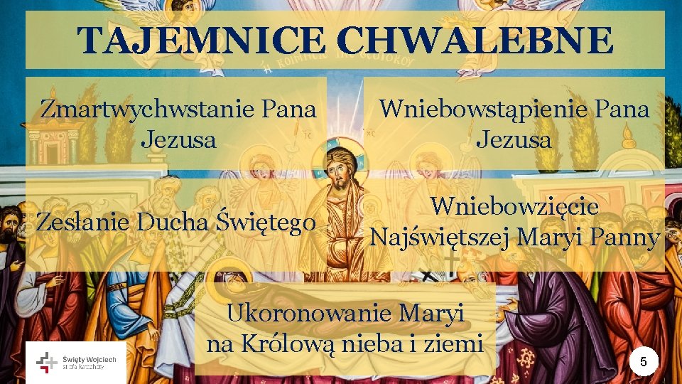 TAJEMNICE CHWALEBNE Zmartwychwstanie Pana Jezusa Wniebowstąpienie Pana Jezusa Zesłanie Ducha Świętego Wniebowzięcie Najświętszej Maryi