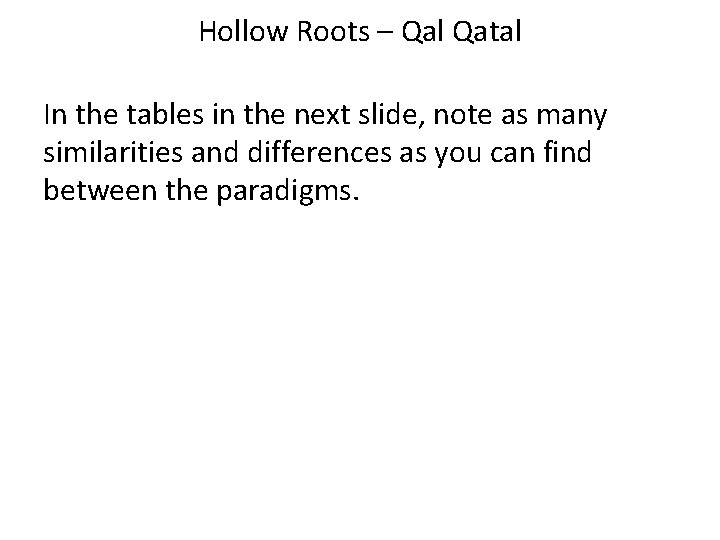 Hollow Roots – Qal Qatal In the tables in the next slide, note as Hollow Roots – Qal Qatal In the tables in the next slide, note as