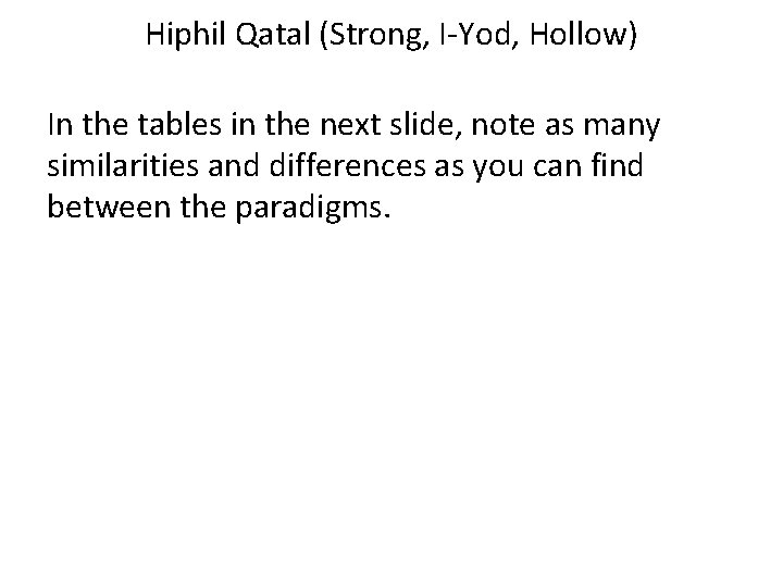 Hiphil Qatal (Strong, I-Yod, Hollow) In the tables in the next slide, note as Hiphil Qatal (Strong, I-Yod, Hollow) In the tables in the next slide, note as