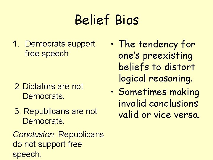 Belief Bias 1. Democrats support free speech 2. Dictators are not Democrats. 3. Republicans