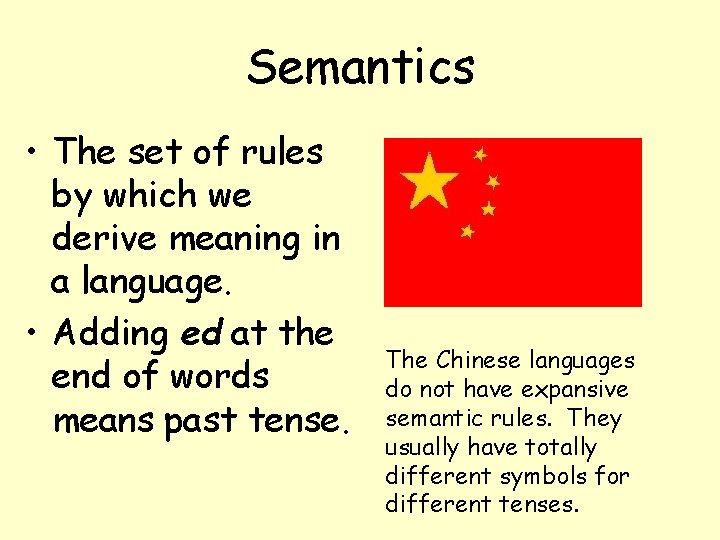 Semantics • The set of rules by which we derive meaning in a language.