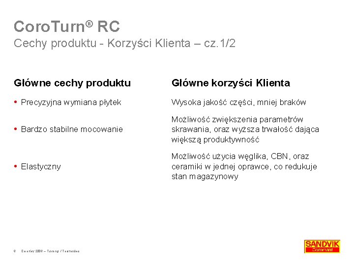 Coro. Turn® RC Cechy produktu - Korzyści Klienta – cz. 1/2 Główne cechy produktu