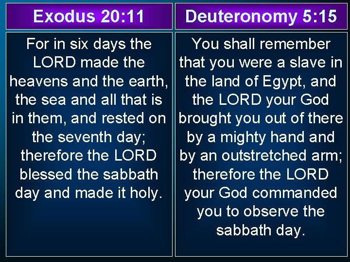 Exodus 20: 11 Deuteronomy 5: 15 For in six days the You shall remember