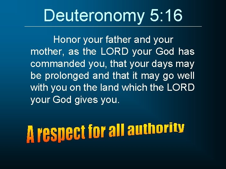 Deuteronomy 5: 16 Honor your father and your mother, as the LORD your God