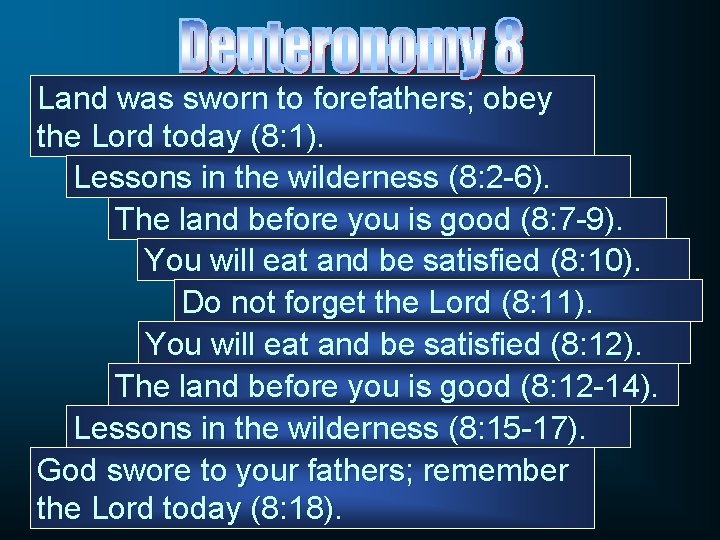 Land was sworn to forefathers; obey the Lord today (8: 1). Lessons in the