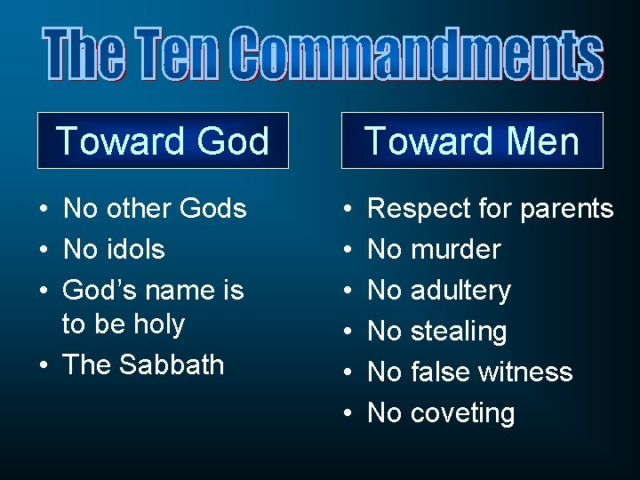 Toward God • No other Gods • No idols • God’s name is to