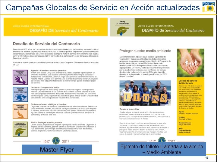 Campañas Globales de Servicio en Acción actualizadas Ejemplo de folleto Llamada a la acción