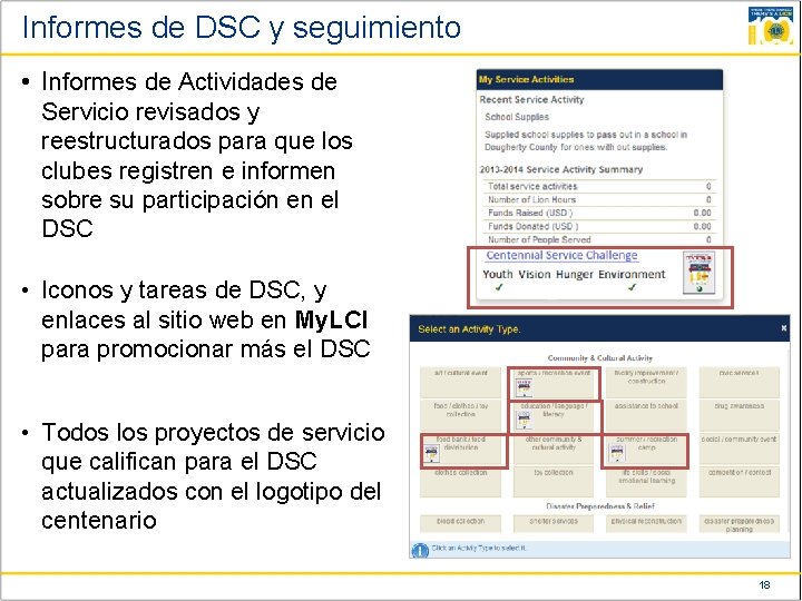 Informes de DSC y seguimiento • Informes de Actividades de Servicio revisados y reestructurados