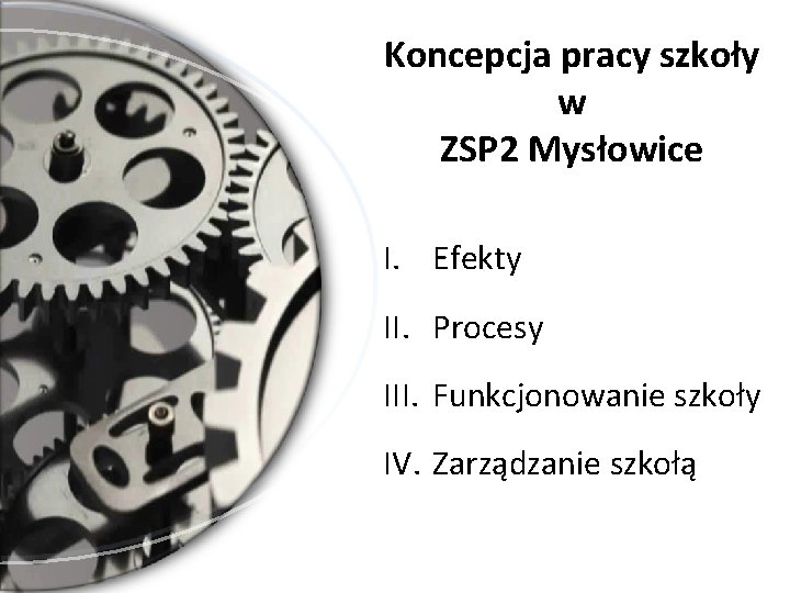 Koncepcja pracy szkoły w ZSP 2 Mysłowice I. Efekty II. Procesy III. Funkcjonowanie szkoły