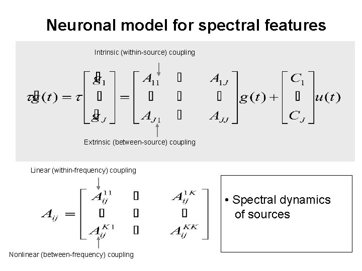 Neuronal model for spectral features Intrinsic (within-source) coupling Extrinsic (between-source) coupling Linear (within-frequency) coupling