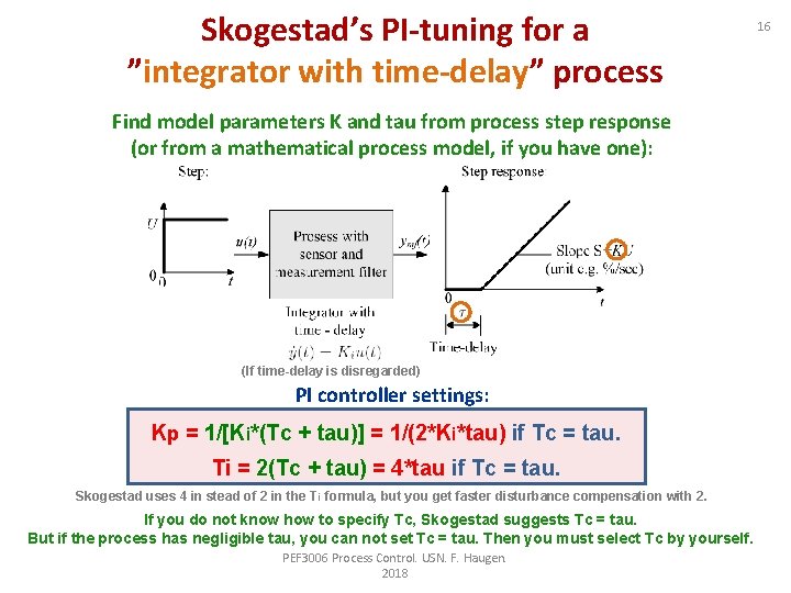 Skogestad’s PI-tuning for a ”integrator with time-delay” process Find model parameters K and tau
