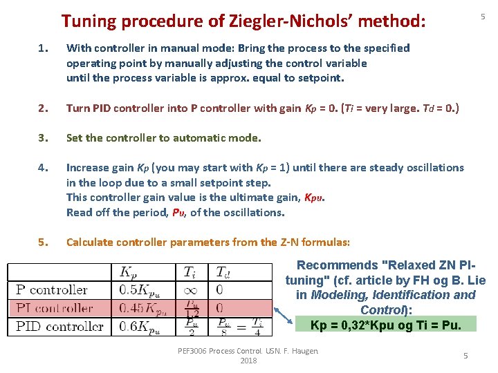 Tuning procedure of Ziegler-Nichols’ method: 5 1. With controller in manual mode: Bring the