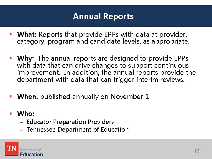 Annual Reports § What: Reports that provide EPPs with data at provider, category, program