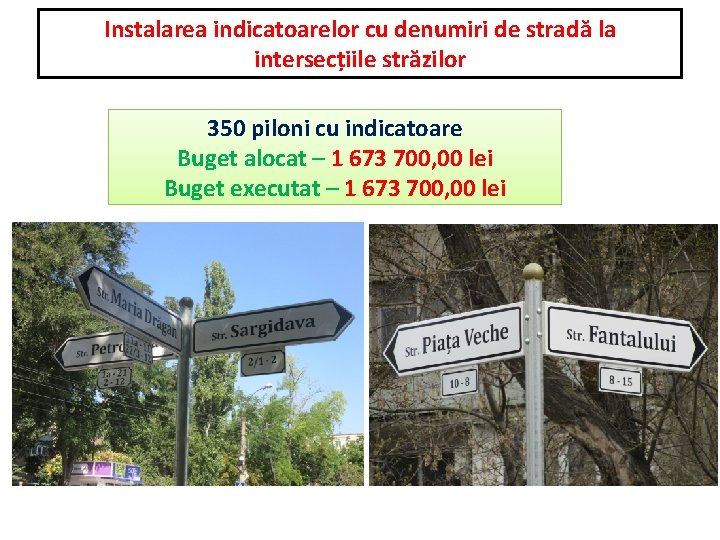 Instalarea indicatoarelor cu denumiri de stradă la intersecțiile străzilor 350 piloni cu indicatoare Buget