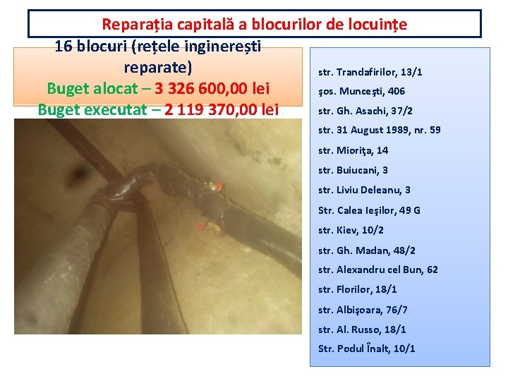 Reparația capitală a blocurilor de locuințe 16 blocuri (rețele inginerești reparate) str. Trandafirilor, 13/1