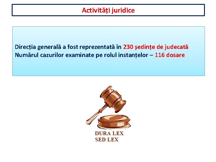 Activități juridice Direcția generală a fost reprezentată în 230 ședințe de judecată Numărul cazurilor