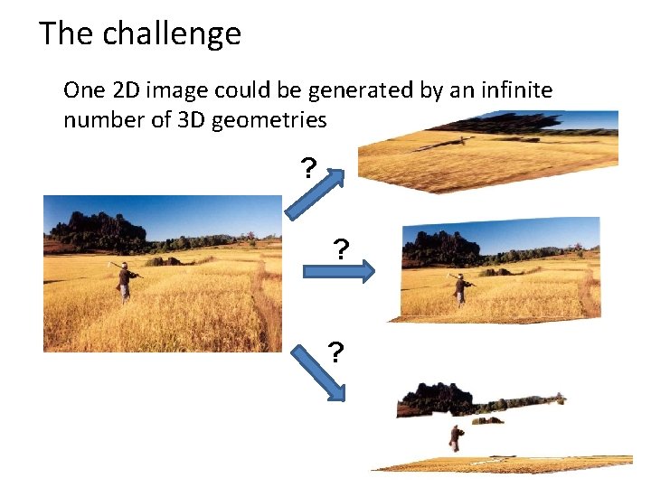 The challenge One 2 D image could be generated by an infinite number of