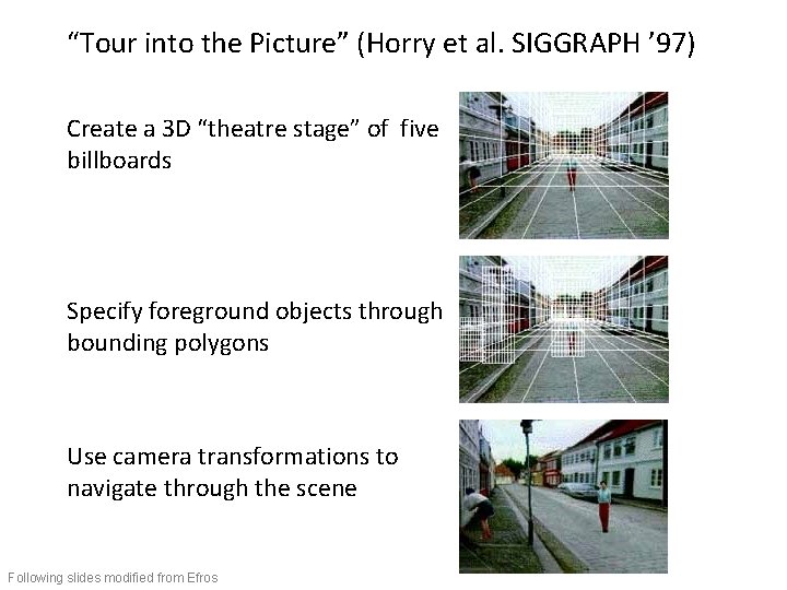 “Tour into the Picture” (Horry et al. SIGGRAPH ’ 97) Create a 3 D