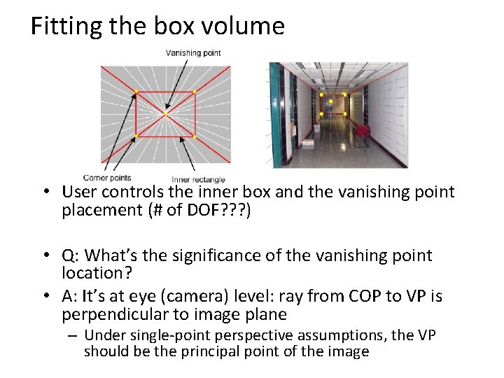 Fitting the box volume • User controls the inner box and the vanishing point