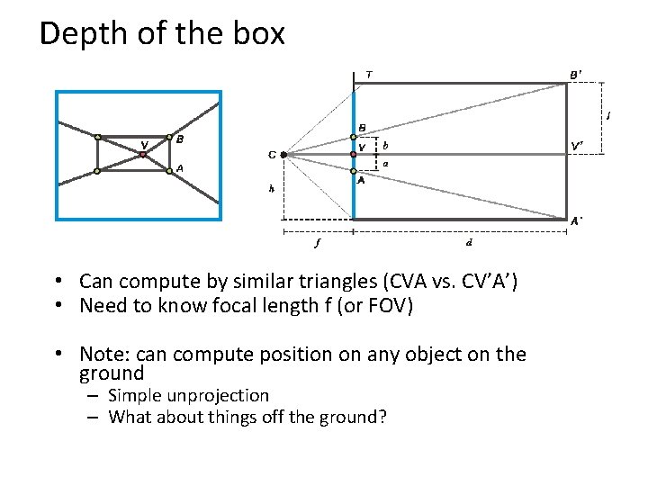 Depth of the box • Can compute by similar triangles (CVA vs. CV’A’) •