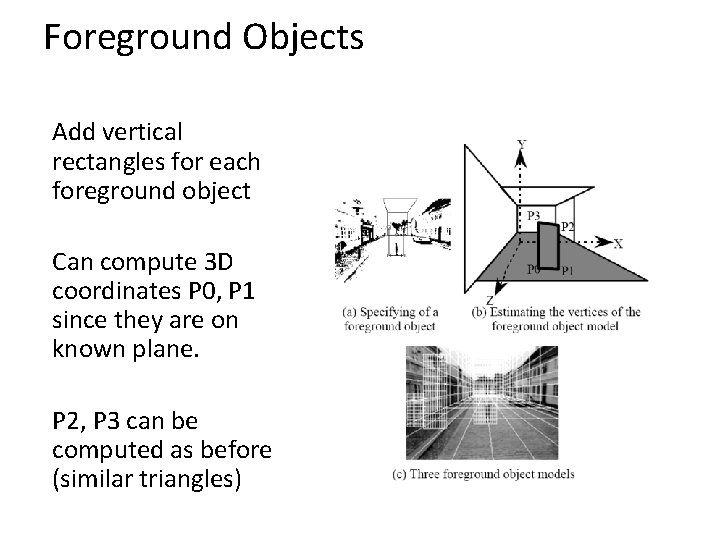 Foreground Objects Add vertical rectangles for each foreground object Can compute 3 D coordinates