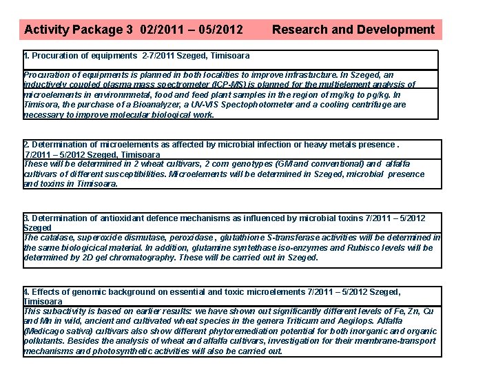 Activity Package 3 02/2011 – 05/2012 Research and Development 1. Procuration of equipments 2